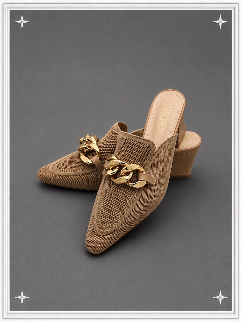 Beige Knit Chain Mule Heels by Newbella | Women's 8.5